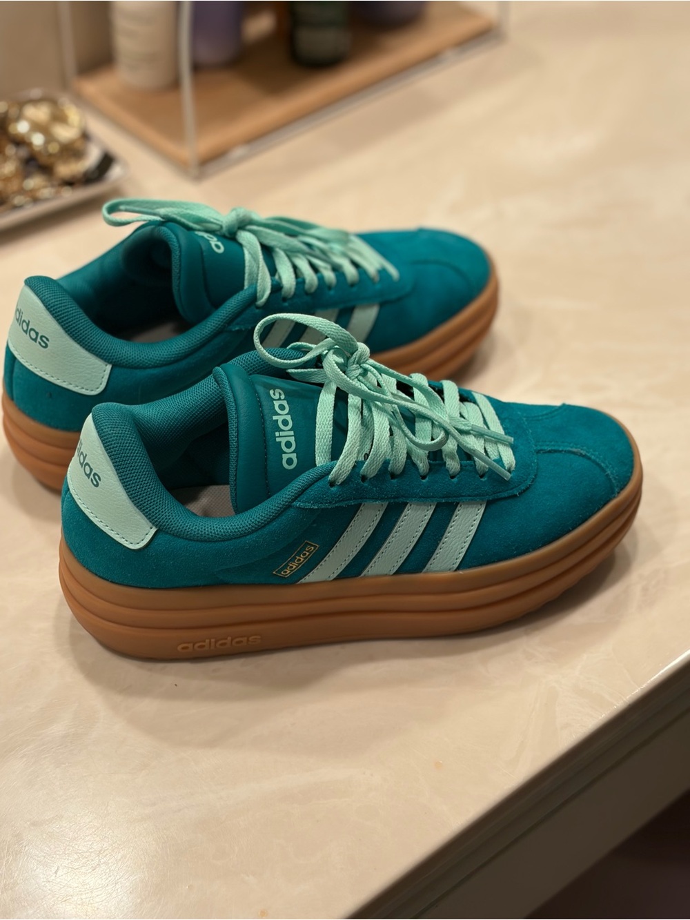 adidas Teal Suede Sneakers with Mint Laces and Gum Sole
